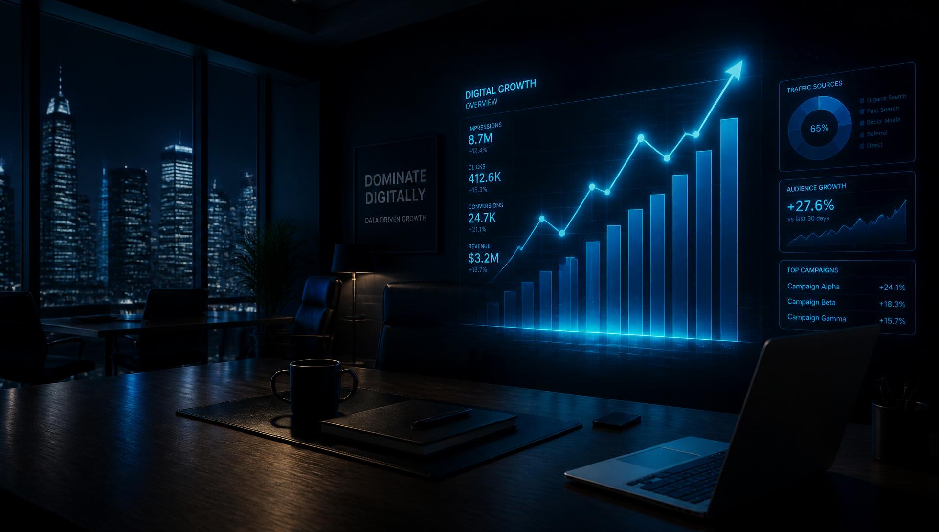 Painel de resultados de marketing digital em escritório da Agência TB Web